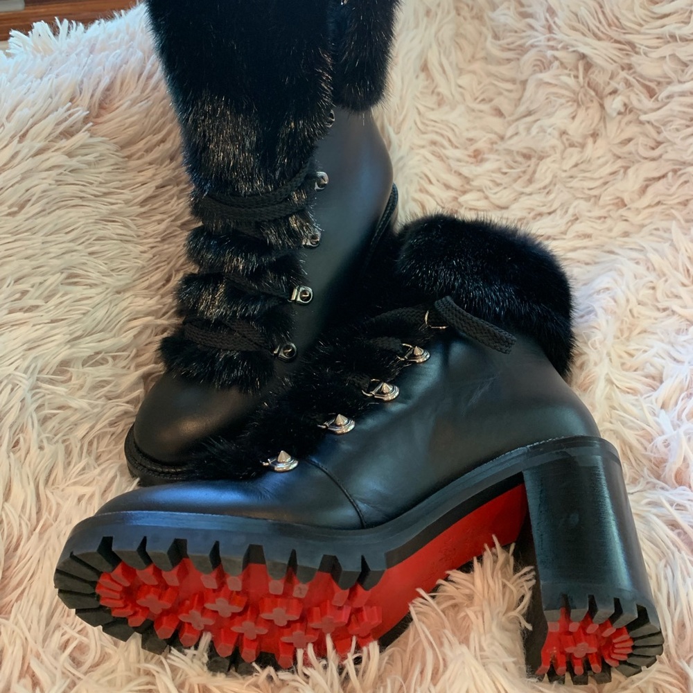 Christian Louboutin Black Leather Fur-Trim Lug Sole Boots with Red Soles